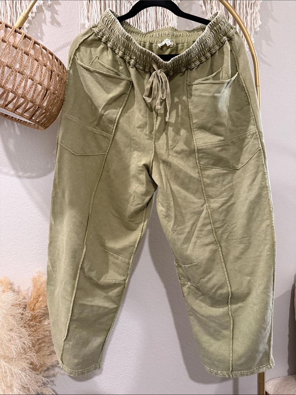 Olive Drawstring Slight Barrel Pants